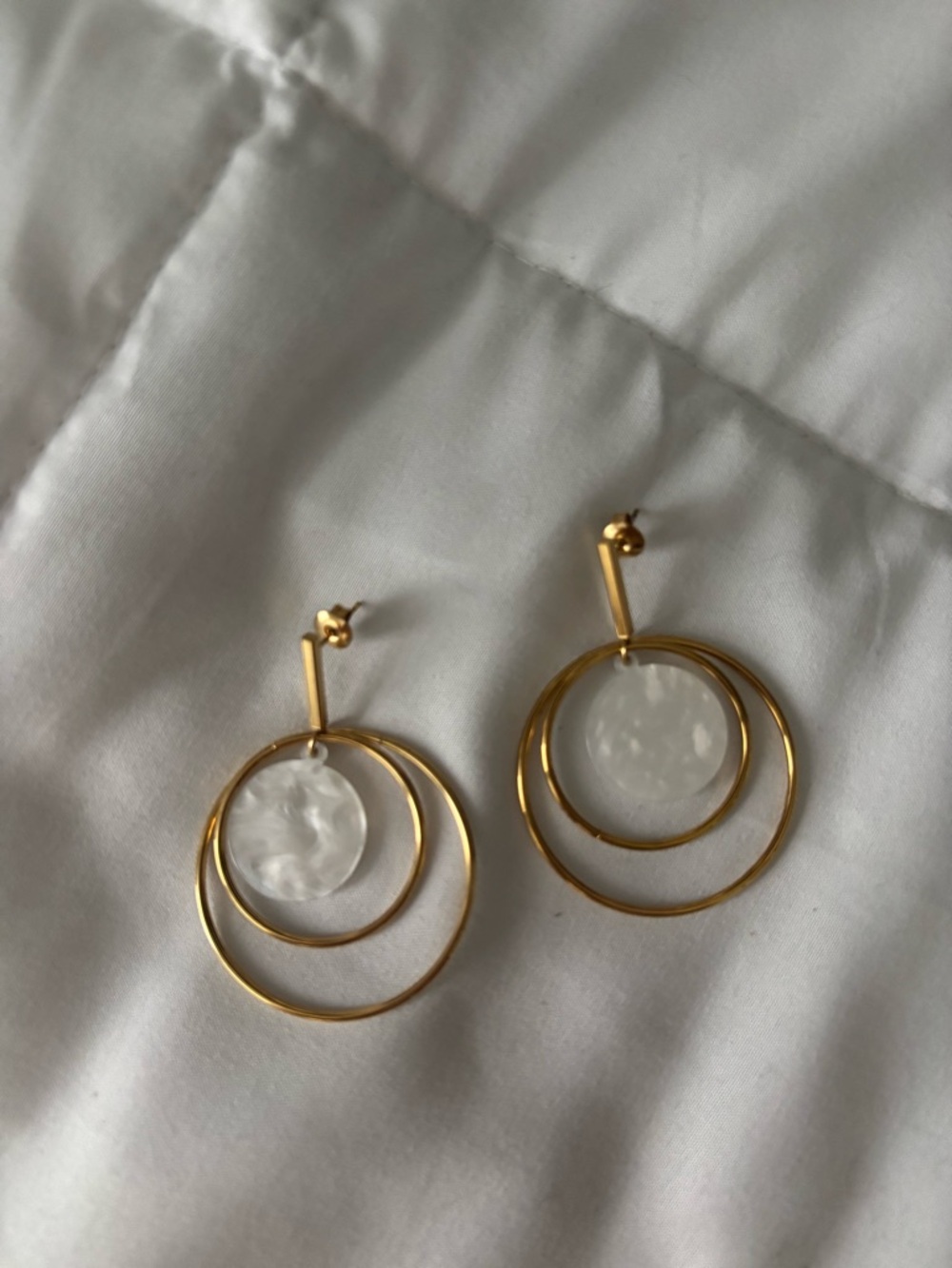 Gold Hoop Drop Earrings with White Mother-of-Pearl Discs - Women Jewelry